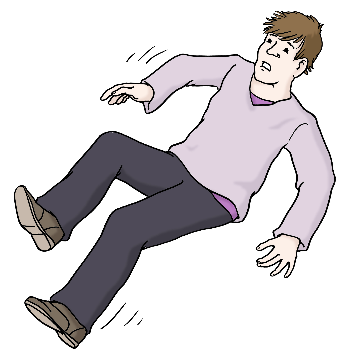 Eine Person fällt unkontrolliert. Die Arme und Beine sind abgespreizt vom Körper. Die Person guckt erschrocken.